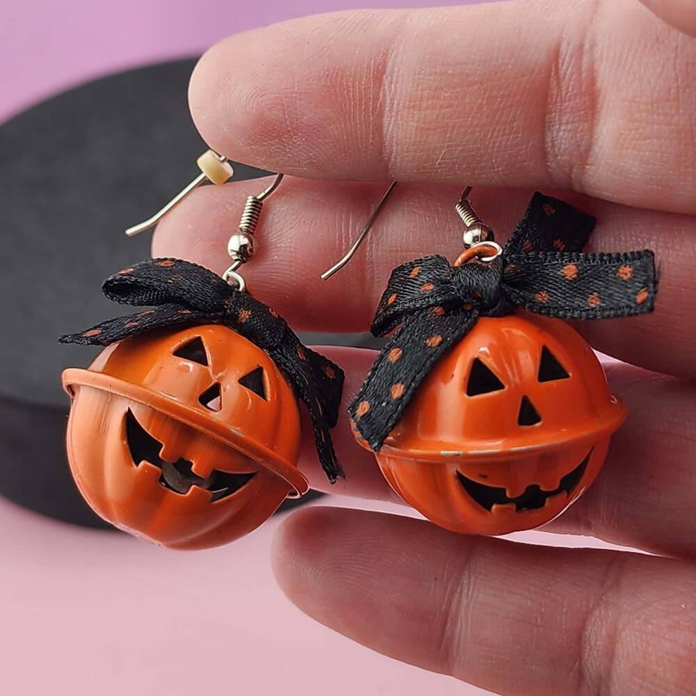 Halloween Pumpkin Jack O Lantern Bell Drop Earrings Orange Black Polka Dot Bows